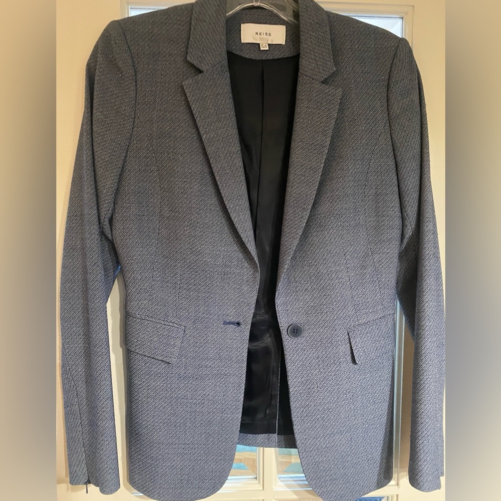 REISS- Womens Blue Gray Textured Single-Button Blazer